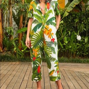 Farm Rio Jumpsuit Cocoa Forest, Medium, White Green Brown Linen Romper *NEW*